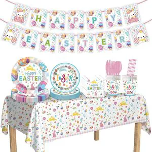 Kids' Easter Bunny Party Tableware Decor Set Colorful Plates Cups Banner Tablecloth for Easter Egg Hunts Family Gatherings