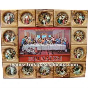 14 Stations Handmade Olive Wood Wall Hanging Last Supper Jerusalem Christmas Tree Stand and Accessories
