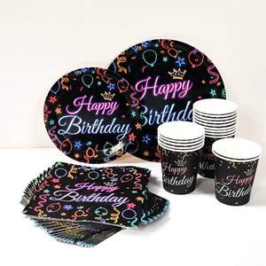 Graffiti Neon Lights Dance Party Tableware Fluorescent Happy Birthday Paper Plates Theme Decorations for Parties