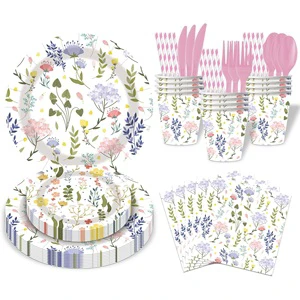 Spring Wildflower Flower Tableware Set Disposable Paper Plates Napkins Spring Wildflower Party Decorations