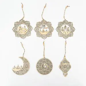 Ramadan Kareem Wooden Hanging Ornament, Golden Eid Mubarak Moon & Mosque Decoration, Muslim Home Supplies