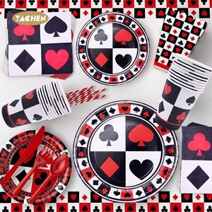 Yachen Hot Sale Casino Party Supplies Poker Tableware Paper Plates Cups Napkins Set for Poker Game Theme Birthday Party Decor