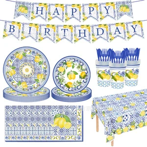 Wholesale Blue White Lemon Birthday Graduation Party Supplies Dinnerware Disposable Paper Plates Napkins Tablecloth High Quality