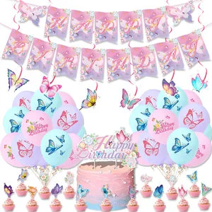 Pink Purple Butterfly Theme Party Supplies Set Banner Hanging Swrils Butterflies Cupcake Toppers Latex Balloon