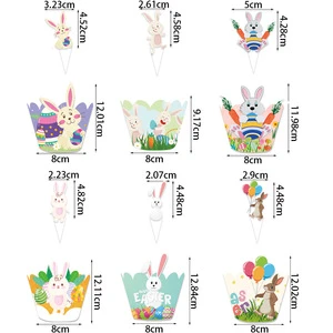 6PCS Easter Decorations Theme Cake Topper Bunny Egg Easter Card Display Party Supplies