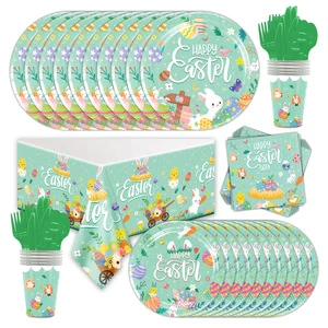 LEMON 12 People Happy Easter Party Holiday Party Decorations Paper Plate Cup Tablecloth Tableware Set Birthday Party Supplies
