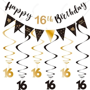 Black and Gold Happy Birthday Back to School Paper Decoration Kit Party Banner Bunting Swirls Streamers and Triangle Flag