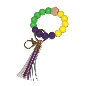 Haiwin Party Mardi Gras Purple Gold Green Keychain With Silicone Beaded Wristlet Tassel Bracelet