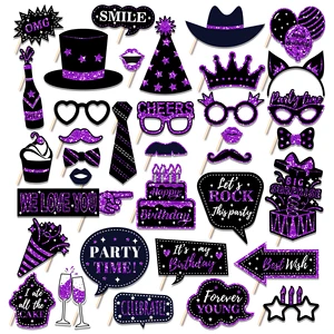 Huancai 36 PCS Happy Birthday Photo Booth Props with Sticks Black and Purple Party Selfie Props Kit for Birthday Party Supplies