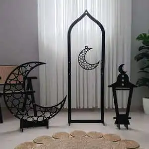 Ramadan Decoration Set Islamic Moon Mosque Lantern Metal Wood MDF Floor Standing Backdrop Eid Mubarak Party Supplies Decor Piece