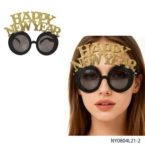 PESENAR Black gold glitter New Year themed party glasses, round frame, eye-catching and fun party accessories