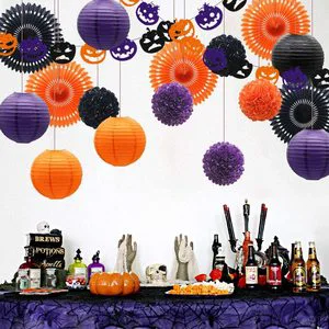 Hanging Halloween Party Decorations, Pumpkin Banner Paper Fans Paper Lanterns Tissue Pom Poms Flowers for Birthday Decoration