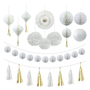 White Party Decoration Set Paper Lantern Honeycomb Balls Hanging Banner for Wedding Birthday Festival Decoration