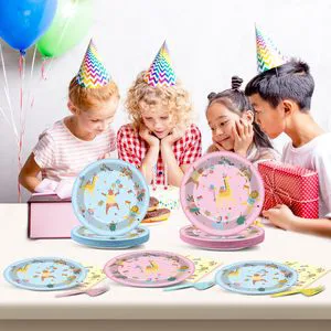 Pastel Animal Parade Paper Plates and Napkins Jungle Safari Theme Tableware Decorations Set for Kids Girls Birthday Baby Shower