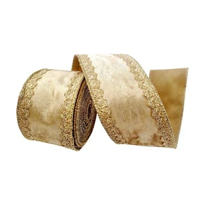 New Arrival Cream Velvet Ribbon With Gold Deco for Diy Bows Gift Wrapping Christmas Tree Decoration