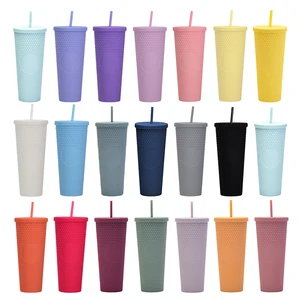 Wholesale Bulk Black Matte Cup Tumbler Reusable 24oz Cold Studded Tumbler Textured Plastic Cups With Lid And Straw