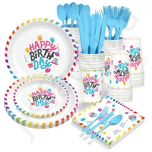 Party Wholesale Customized Patterns Blue White Cake Plates Disposable Paper Plastic Tableware For Children Birthday Party