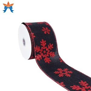 Christmas Black Fabric with Red Glitter Snowflakes Wired Cotton Ribbon