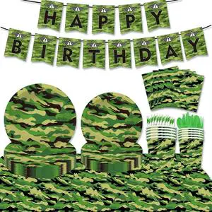 Military Camouflage Tableware Set Banner Tablecloth Disposable Paper Plates Military Camouflage Birthday Party Decorations
