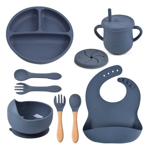 9-Piece Baby Tableware Set Silicone Smiley Dinner Plate Bib Bowl Spoon Fork Cup Silicone Baby Feeding Set