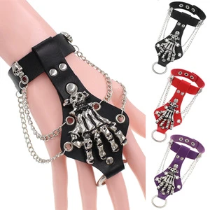 Gothic Punk Rock Skeleton Link Chain Bangle Halloween Skull Claw Decor Mittens Bracelet Hand Glove Wristband