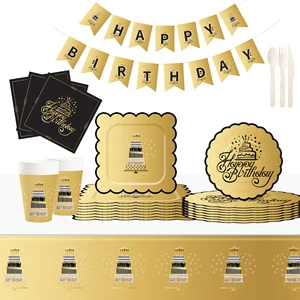 DAMAI New Design Gold Black Happy Birthday Party Disposable Paper Plates Napkin Cups Tableware Set Serve for 8 Guests