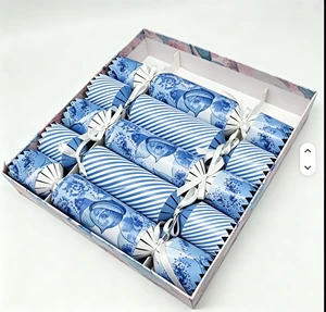 Custom Luxury Blue Floral Striped Christmas Crackers Set With Ribbon For Party Table Decoration