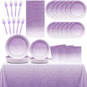 Purple Gradient Glitter Party Tableware Set - Disposable Plates, Cups, Napkins & Cutlery for Birthday, Wedding Baby Shower Decor