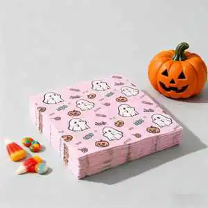 Pink Halloween Disposable Paper Napkins With Ghost Pumpkin & Candy Prints-for Party