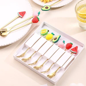 Luxury Cute Cartoon Creative Stainless Steel Fruit Tableware Watermelon Strawberry Spoon Set Cartoon Dessert Stirring Gift Box