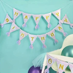 Glitter Mermaid Tail Birthday Banner Happy Birthday Banner Ocean Bunting Letter Flag Hanging Birthday Party Supplies