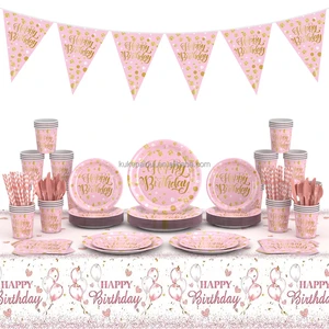 High-End Disposable Pink Gold Birthday Theme Party Plates Modern Style Wholesale for Girls' Birthday Party Decorations