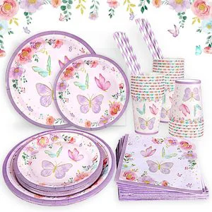 New Product Butterfly Birthday Party Decoration Purple Girls Favor Party Tableware Paper Plates Cups Napkins Party Supplies