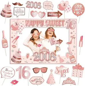 Photo Booth Props Pink Rose Selfie Props with Photo Frame Kit Sweet Sixteen Happy Birthday Party Decorations Supplies Favors