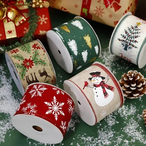 Decorative Hot Selling 10yards/roll Printing Logo+Snowman Christmas Wired Edge Ribbon For Christmas Tree Gift