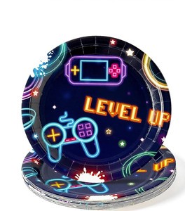 FDA Approved 9-Inch Disposable White and Black CMYK Round Paper Plate 350gsm Video Game-Themed Party Supplies