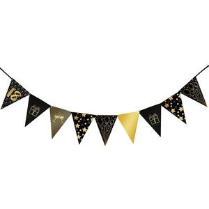 Happy Birthday Paper Banner for 18th-70th Gold & Black Triangle Flags Back to School Party Decorations