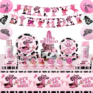 New Pink Western Cowboy Theme Party Decor Disposable Paper Plate Napkin Tablecloths Dinning Table Set Tableware Set Wholesale