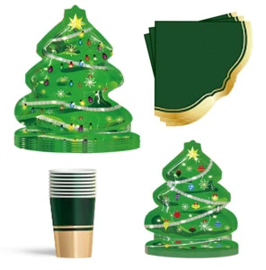 Best-seller 40 Pcs Green Party Set-Christmas Tree Shape Plate Cup Napkin Disposable Dinnerware Set for Christmas Party Suppliers