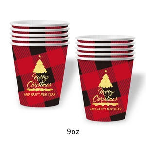 Hot Selling Christmas Party Disposable Tableware Set Paper PE Plates Cups Forks Spoons Knives Christmas Tree Pattern