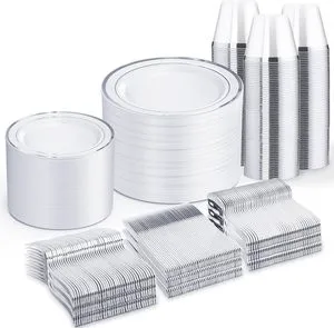 Silver Disposable Dinnerware Set Wedding Plates Silver Plastic Plates Cups, Forks Knives Spoons For Party