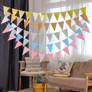 Wholesale 13pcs/set 13*18cm Wave Pattern Gold-Stamped Triangle Flag Paper Banner for Wedding Birthday Party Background Decor