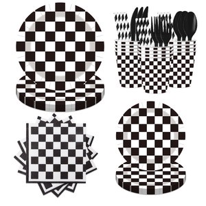 Racing Grid Mosaic Party Decor & Tableware Integrated Set Disposable Plates Cups Cutlery with Forks Knives Spoons Straw