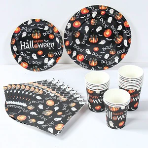 Halloween Party Decoration Set Includes Desktop Ghost Bat Tableware Paper Plate Paper Cup Paper Party Table Decorations