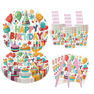 Custom 90pcs 10 People Happy Birthday Theme Disposable Tableware Colorful Paper Plates and Napkins for Birthday Party Supplies