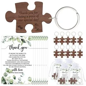 50 Sets Wedding Gifts for Guests Rustic Wood Puzzle Keychain with Thank You Cards and Organza Bags Wedding Party Favor