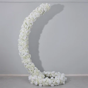 Modern Luxury White Rose Artificial Flower Set Curved Hanging Basket Metal Stand Customized Wedding Event Backdrop Stage