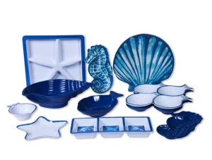 Nautical Coastal Melamine Serving Plates Bowls Set Blue Ocean Animal Shaped Dinnerware for Home Decoration and Party