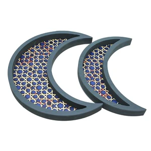 Superwin RTS 2 Pcs/set Ramadan Eid Mubarak Tray Set Muslim Moon Wood Decoration Food Tray Ramadan Wooden Crescent Tray Set