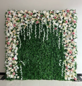 3d Flower Backdrop Wall Pink Roses Green Wall Combination of Flower and Grass for Wedding and Party